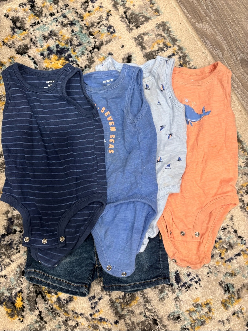 Carter's Navy, Light Blue, Sky Blue & Coral Tank Bodysuits with Jean shorts